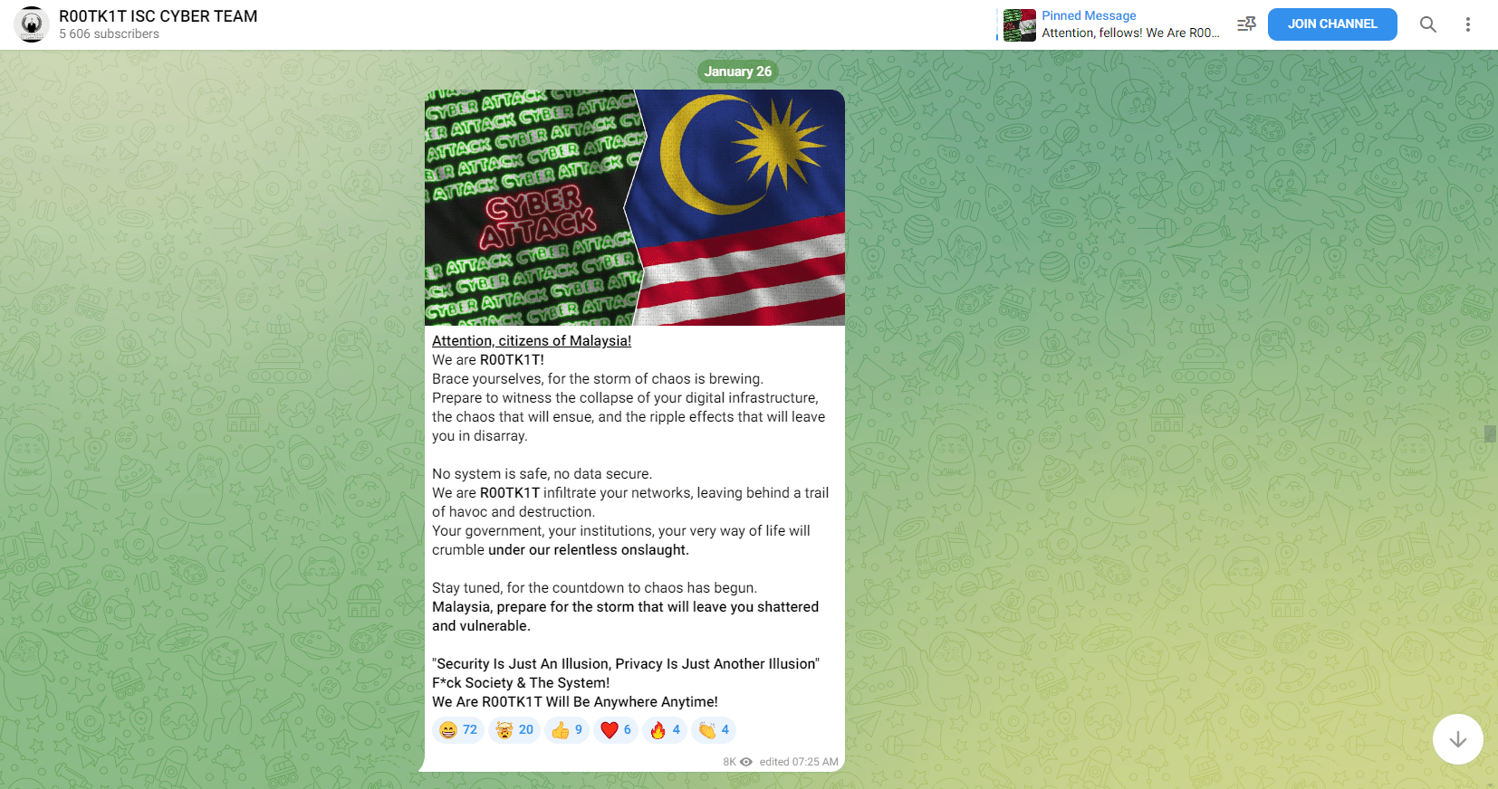 Screenshot of R00TK1T Telegram message announcing Cyberattack on Malaysia - 26 January 2024