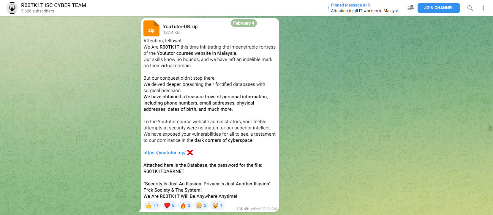 Screenshot of R00TK1T Telegram Message on February 4 2024