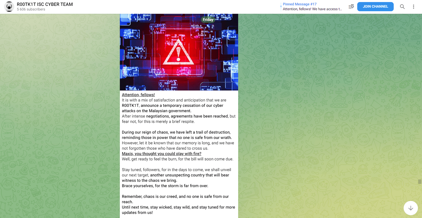Screenshot of R00TK1T Telegram message on February 9 2024