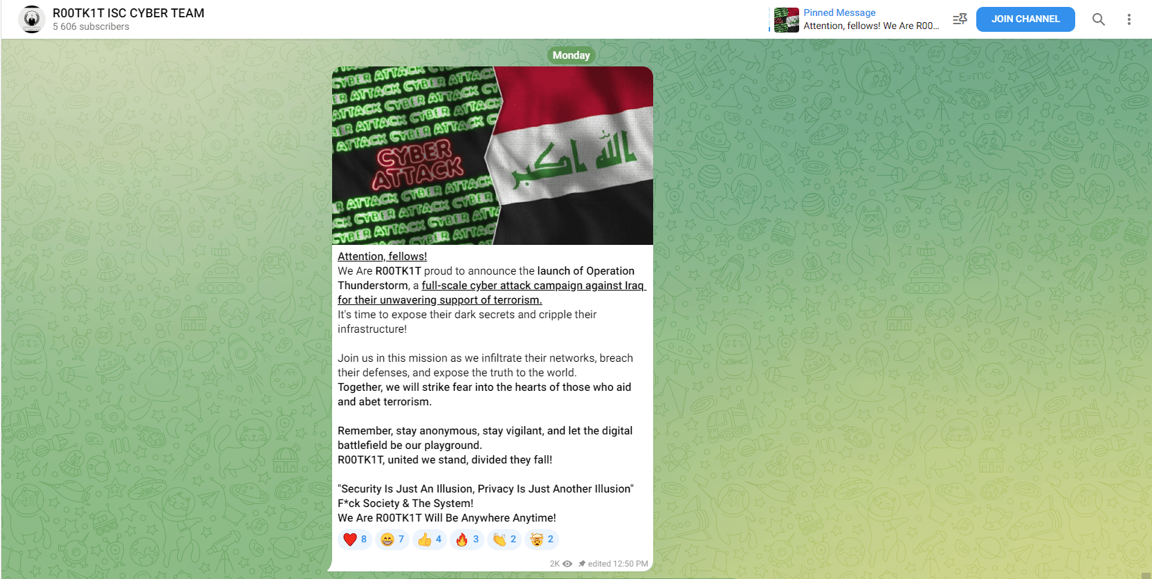 Screenshot of R00TK1T Telegram message on February 12 2024