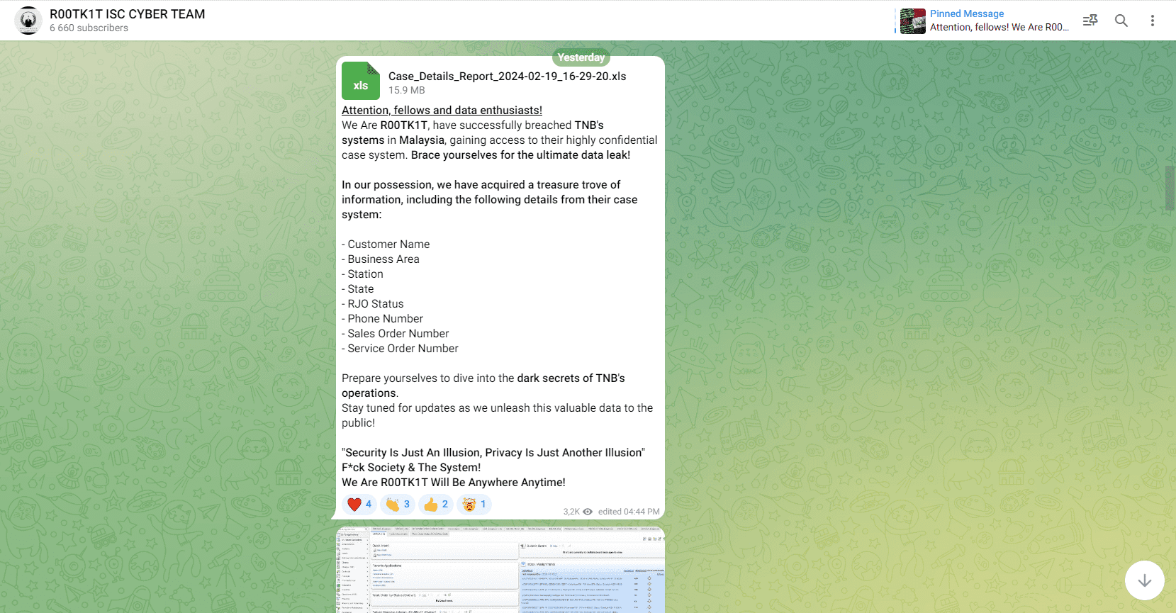 R00TK1T cyberattack Telegram meessage 19 February 2024